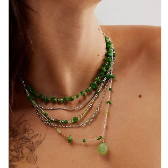 Free People Jewelry - NEW Free People Aurelia Layered Necklace Jade Colored Silver Tone Adjustable
